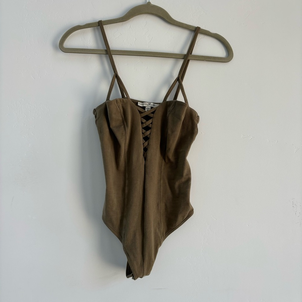 Express One Eleven Olive Lace Up Thong Bodysuit